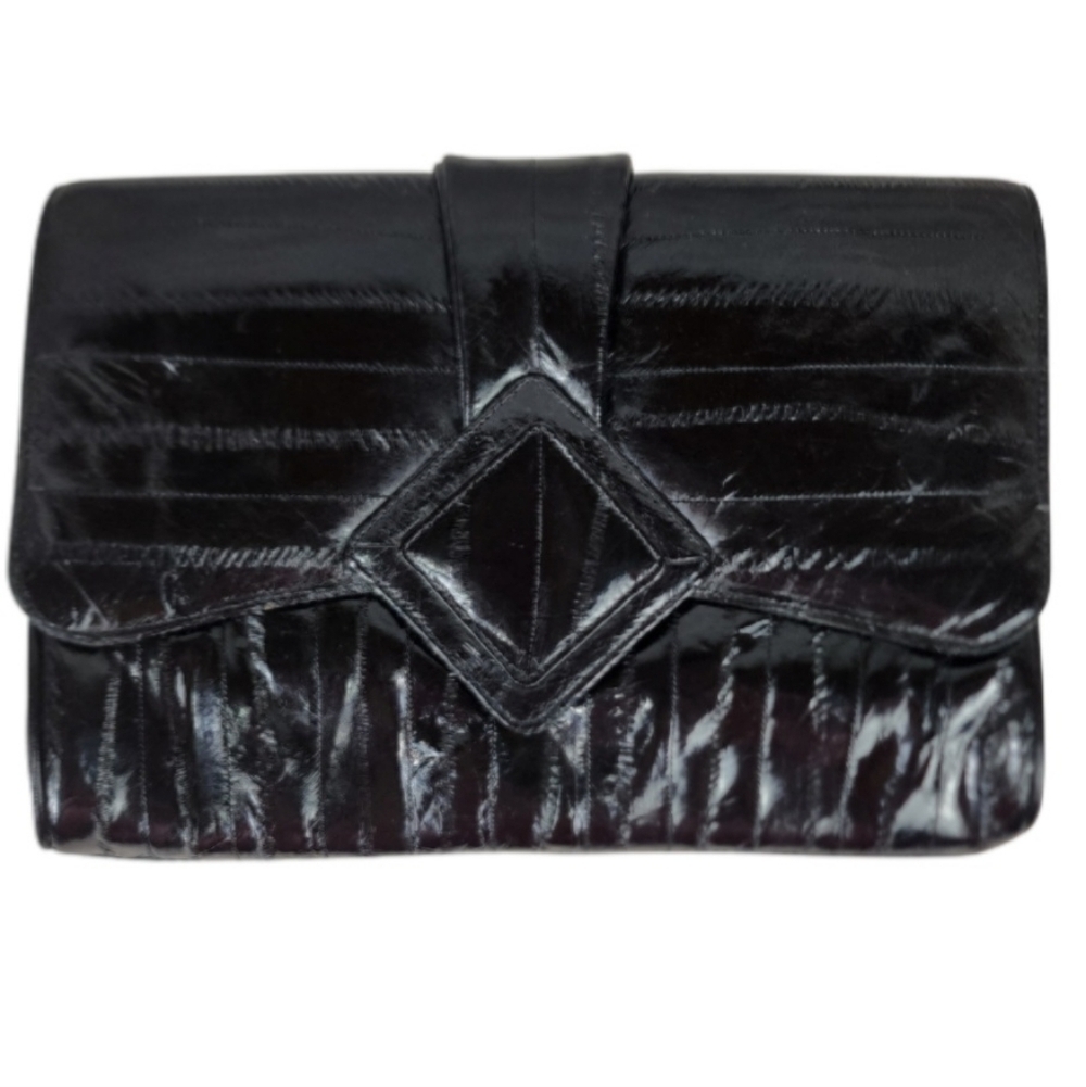 Vintage Eel Skin Leather Clutch Purse Black 80s